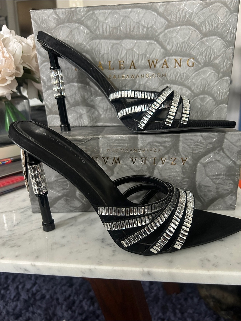 Alaia Wang Black Crystal Embellished Heeled Sandals